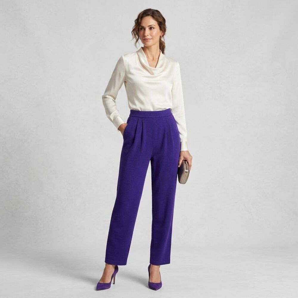 St John Collection Santana Knit Pants Womens Sz 14 Purple Elastic Waist Pleated